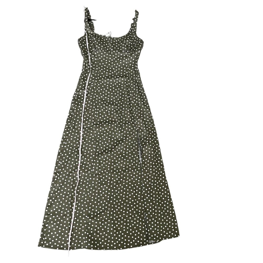 Zara Linen Blend Polka Dot Midi Dress XS Ecru Khaki Front Slit NWT Summer Party - Picture 13 of 14